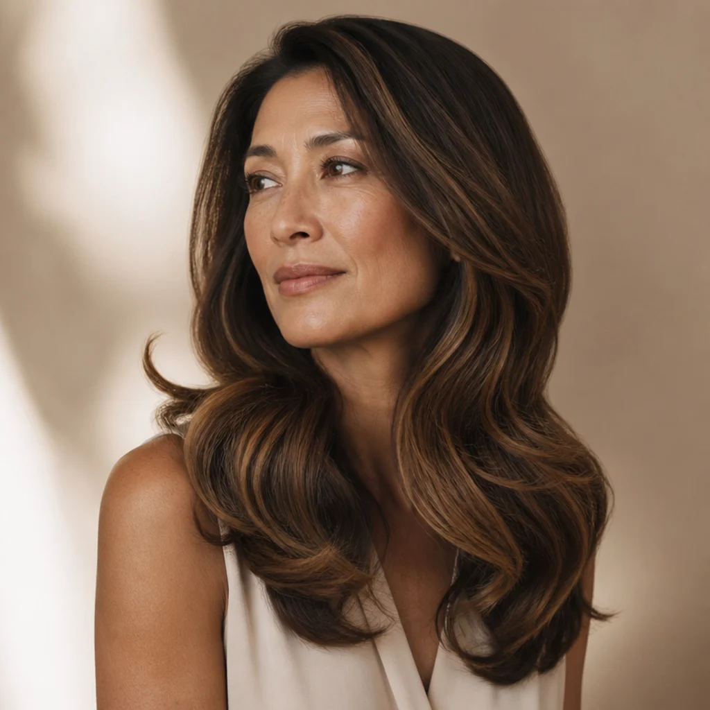 Round-brush blowout revealing ribbons of warm dimensional brunette with high shine