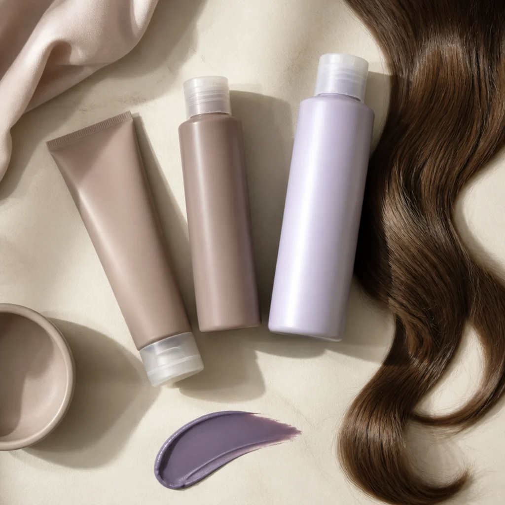 Sulfate-free purple-tinted care products arranged for maintaining brunette color