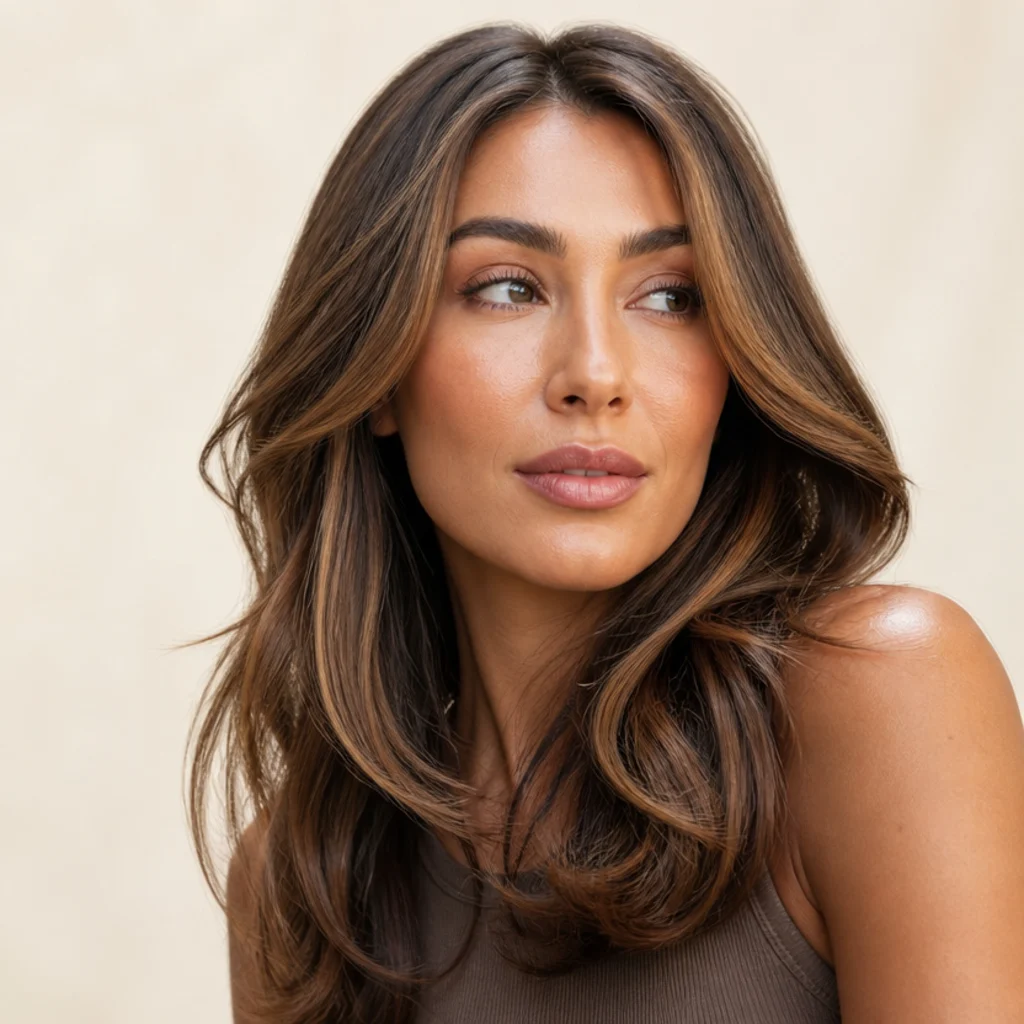 Three-quarter view of a warm dimensional brunette with soft face-framing highlights and glossy mid-brown depth