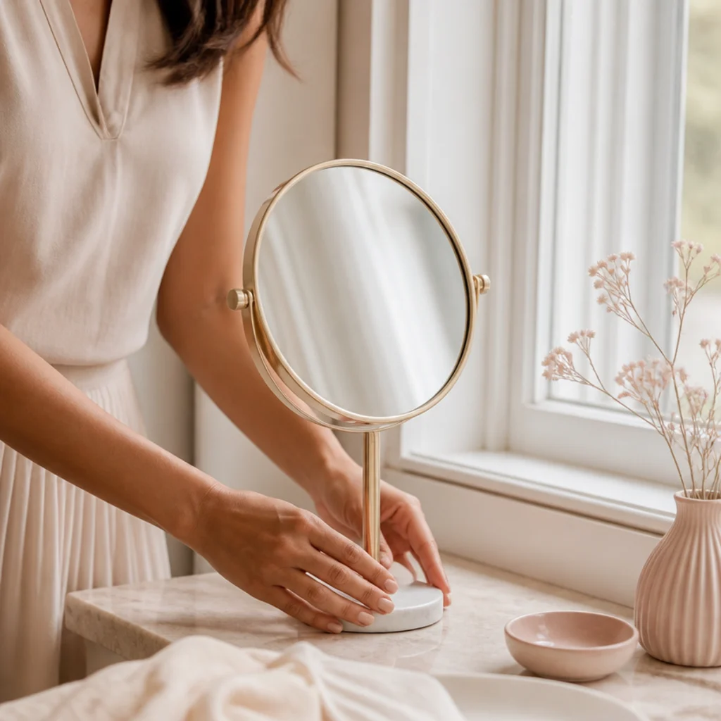 Warm-toned hands positioning a round tabletop mirror beside a north-facing window with soft directional daylight, neutral ivory setting