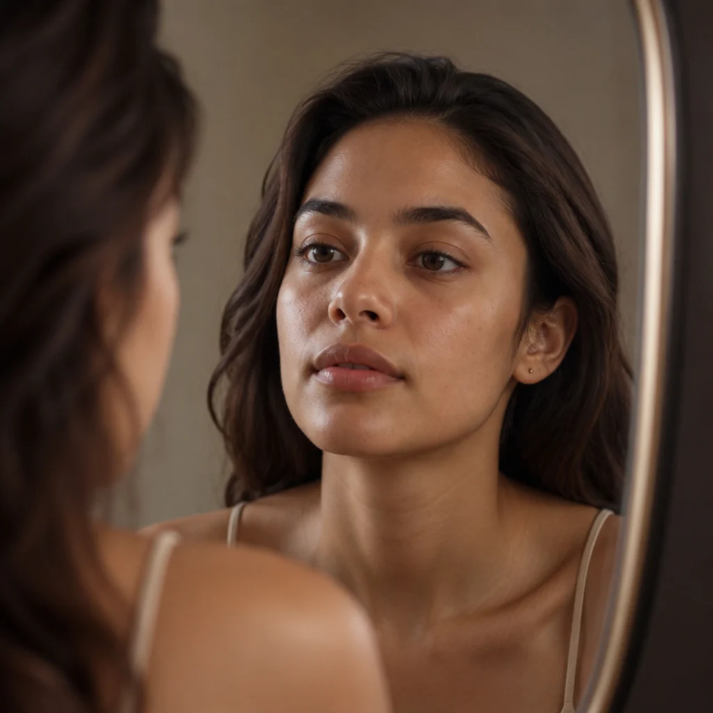 Portrait of a person with a calm, relaxed expression facing a mirror, soft taupe background, bare lids and fully dropped brows at true resting position