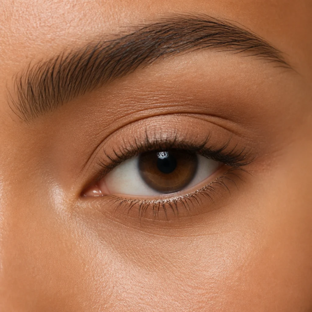 Close-up of an eye with a clearly visible upper lid crease and a defined band of mobile lid showing beneath it, soft natural lashes, warm ivory backdrop