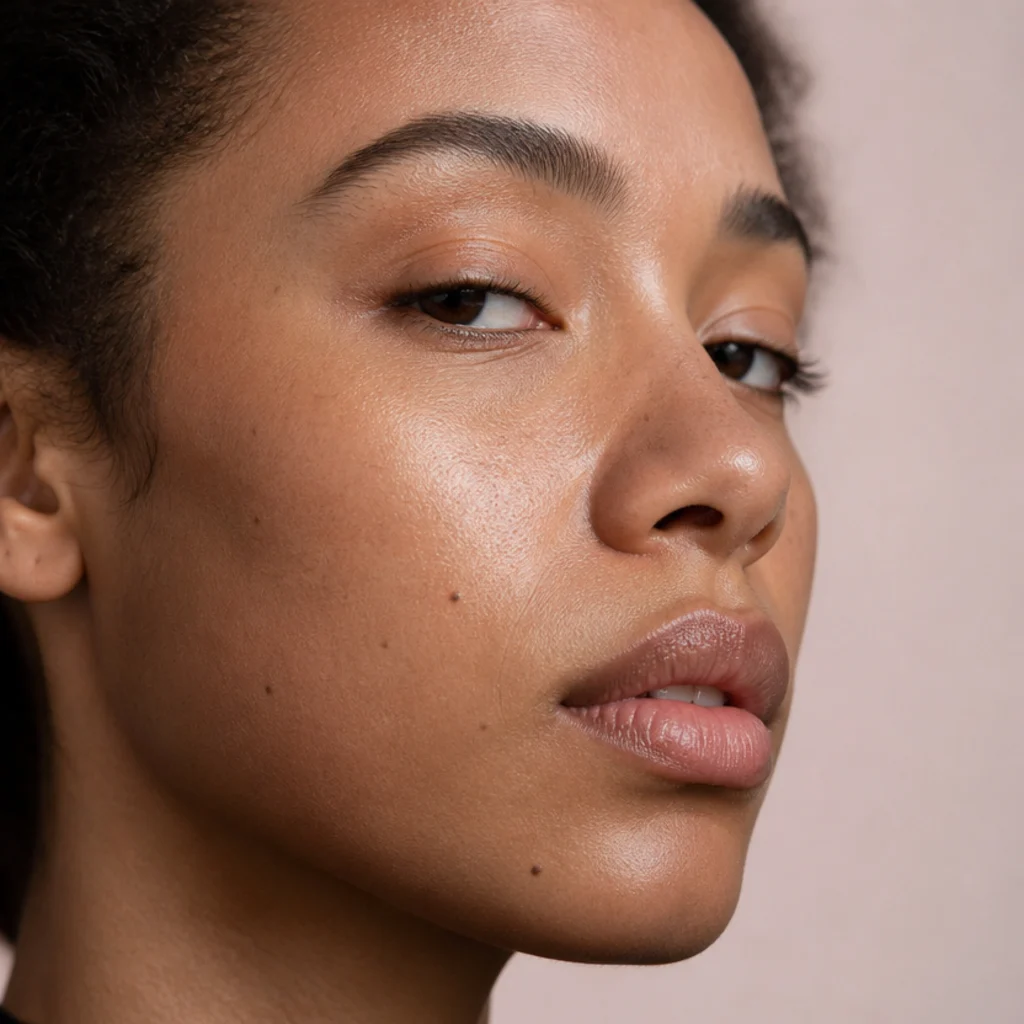 Side-angle close-up showing a gentle skin fold from the brow bone draping over the upper lash line and tucking the crease out of view, muted blush background