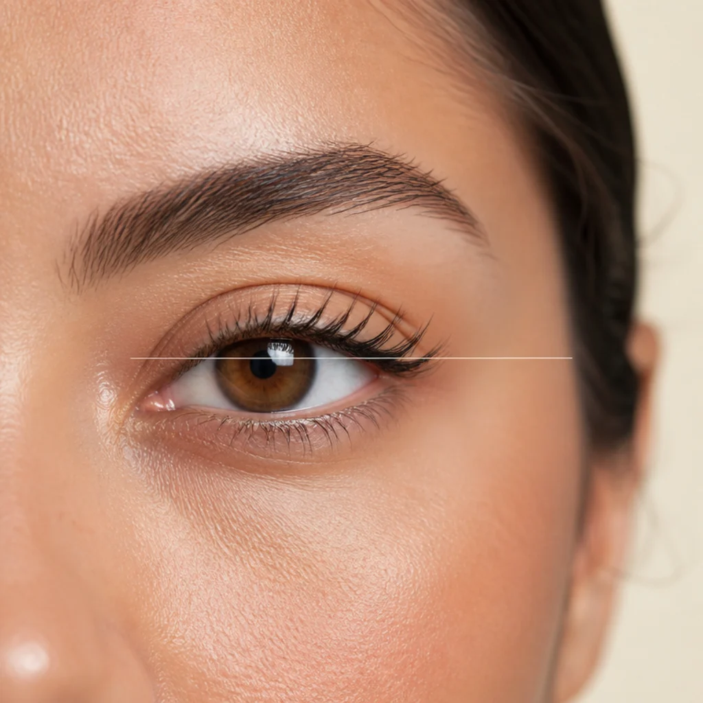 Close crop comparing the outer corner lift of an eye against a horizontal reference line held level across the face, ivory studio light