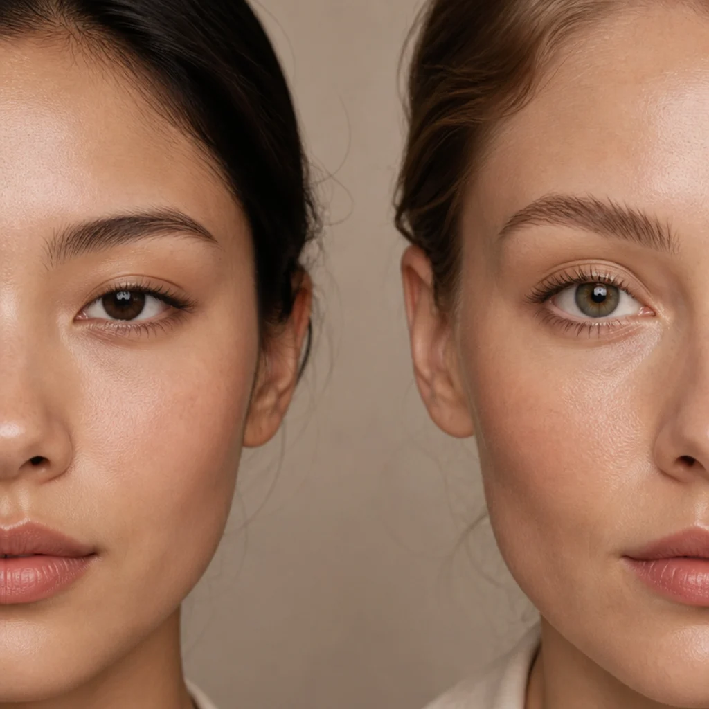 Two-eye comparison of an elongated tapered almond shape beside a rounder, more open eye with a curved lower lid, soft neutral backdrop