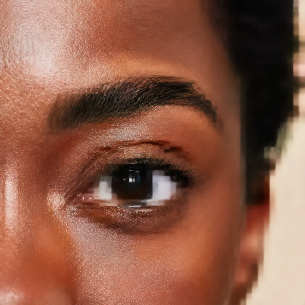 Close-up of an open eye showing a thin band of white sclera beneath the iris at a level gaze, gentle warm lighting