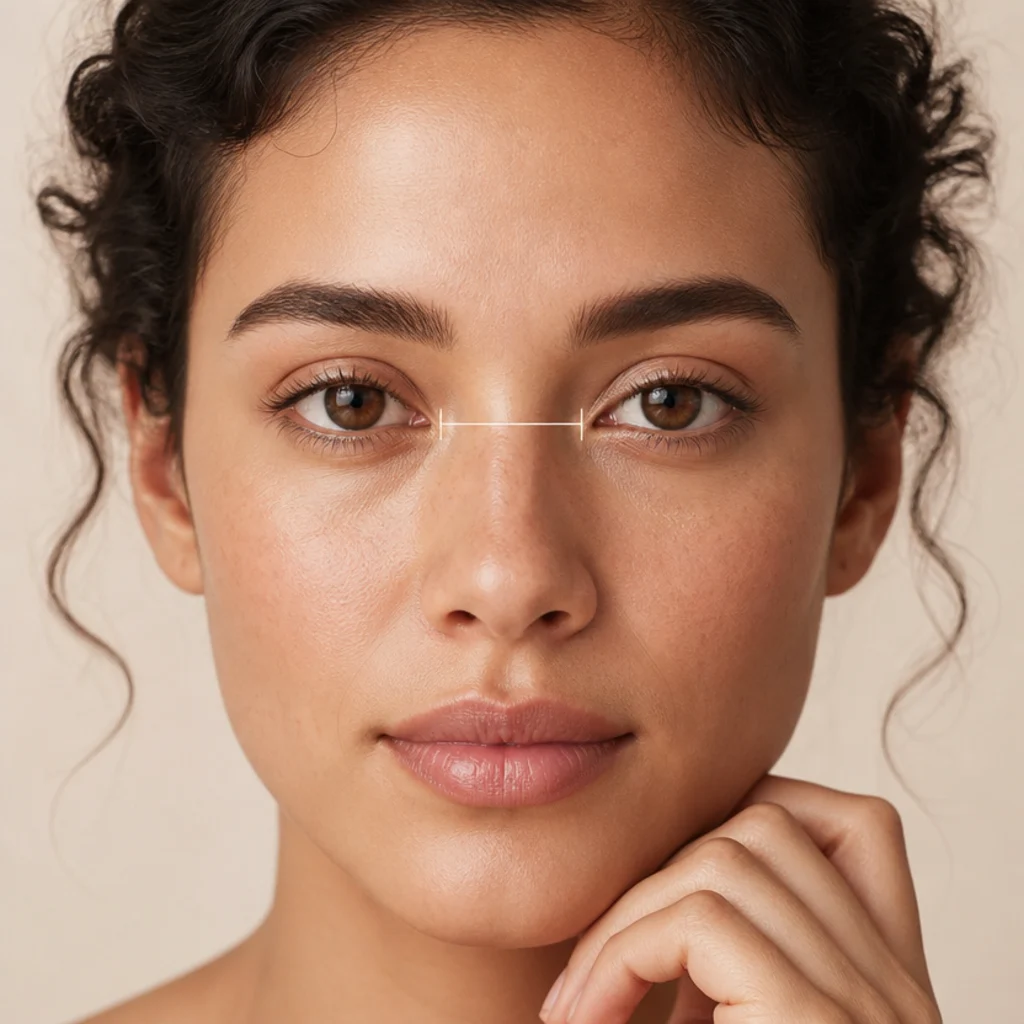 Front-facing portrait with a soft measuring reference across the eyes showing the gap between the inner corners against one eye-width, ivory background