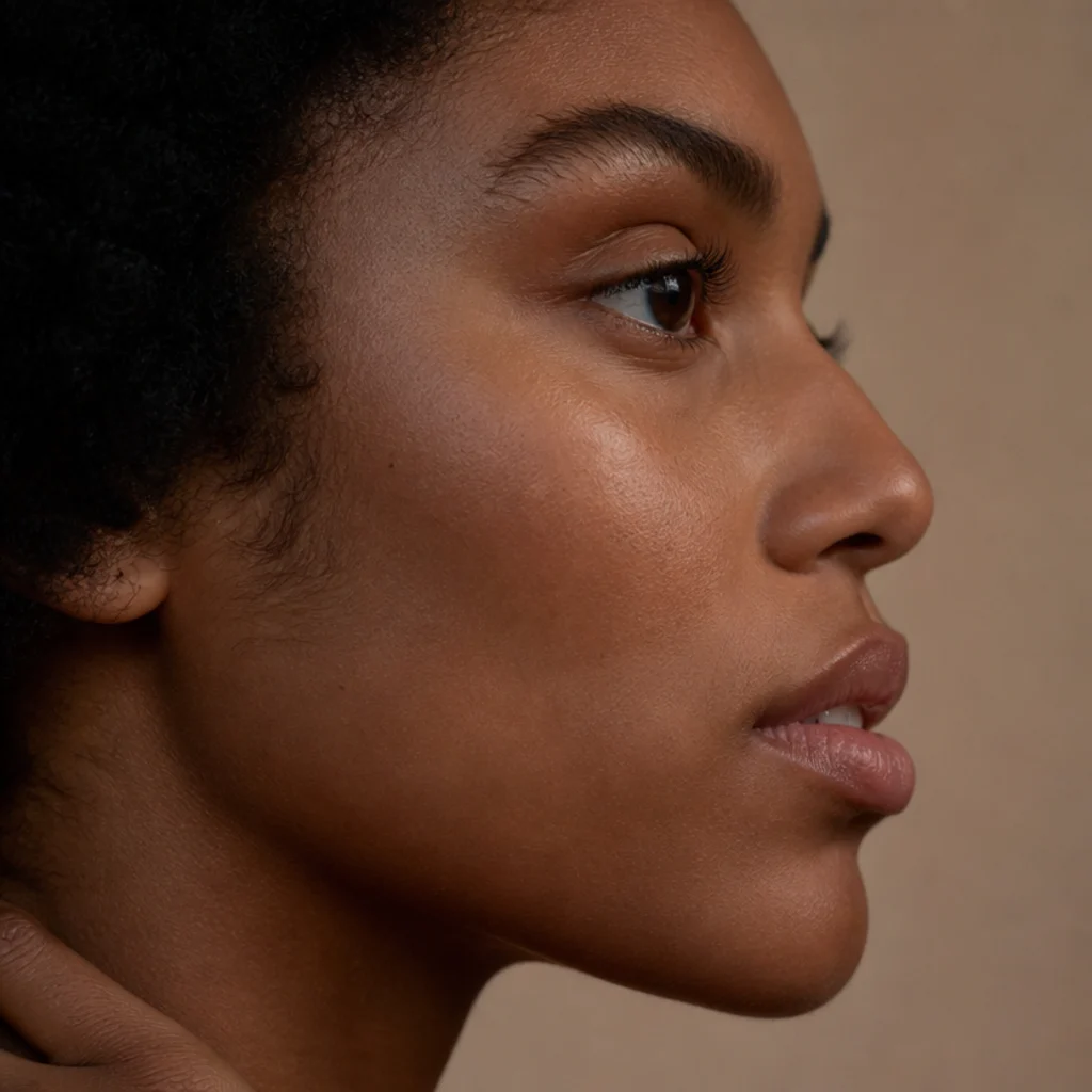 Side-profile close-up contrasting a deep-set eye recessed under a projecting brow bone with a forward-sitting prominent lid, taupe backdrop