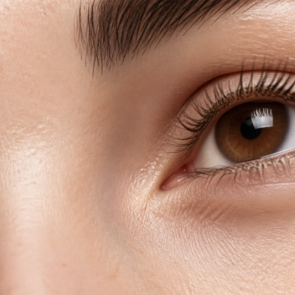 Macro close-up of an inner eye corner and tear duct area, showing whether the duct is exposed or partly veiled by a vertical epicanthic fold, delicate lashes, warm ivory light