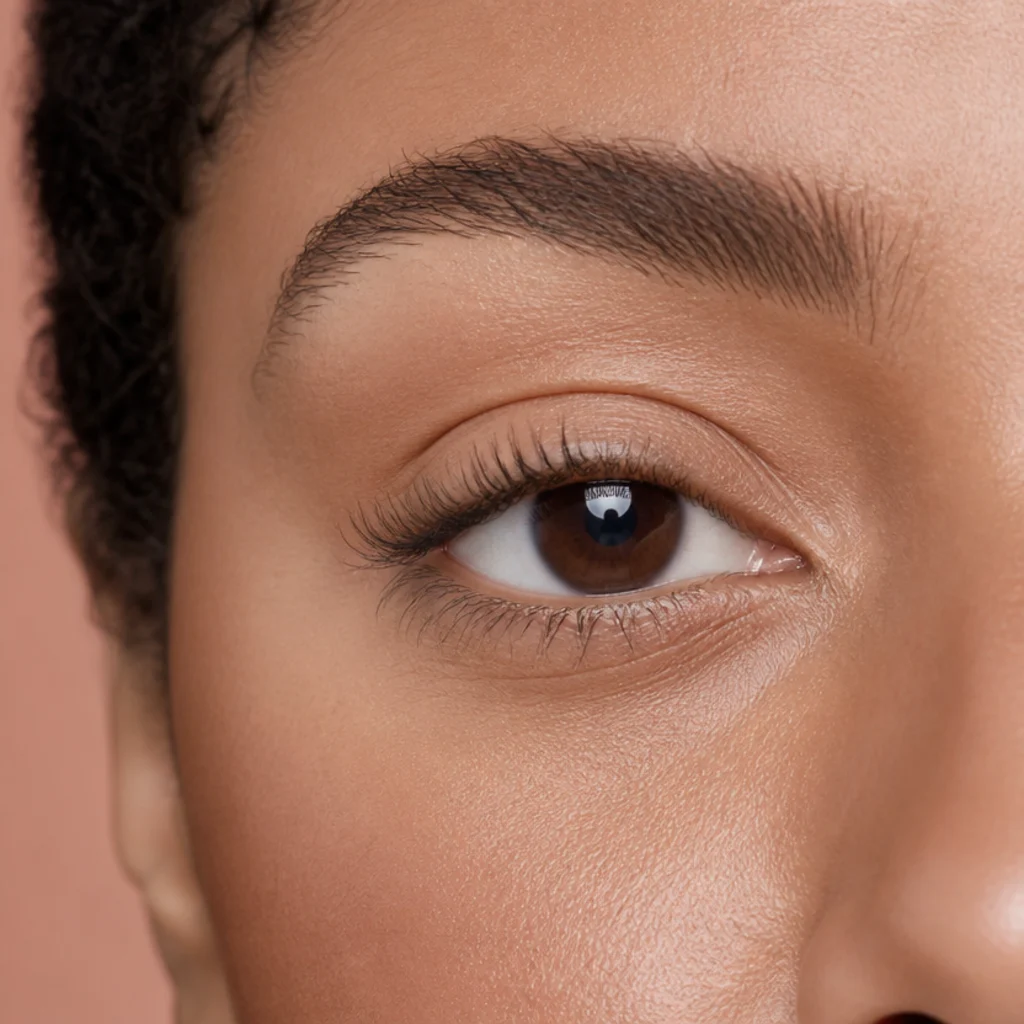 Close-up showing the amount of mobile lid visible above the lash line on open, level eyes, soft blush background