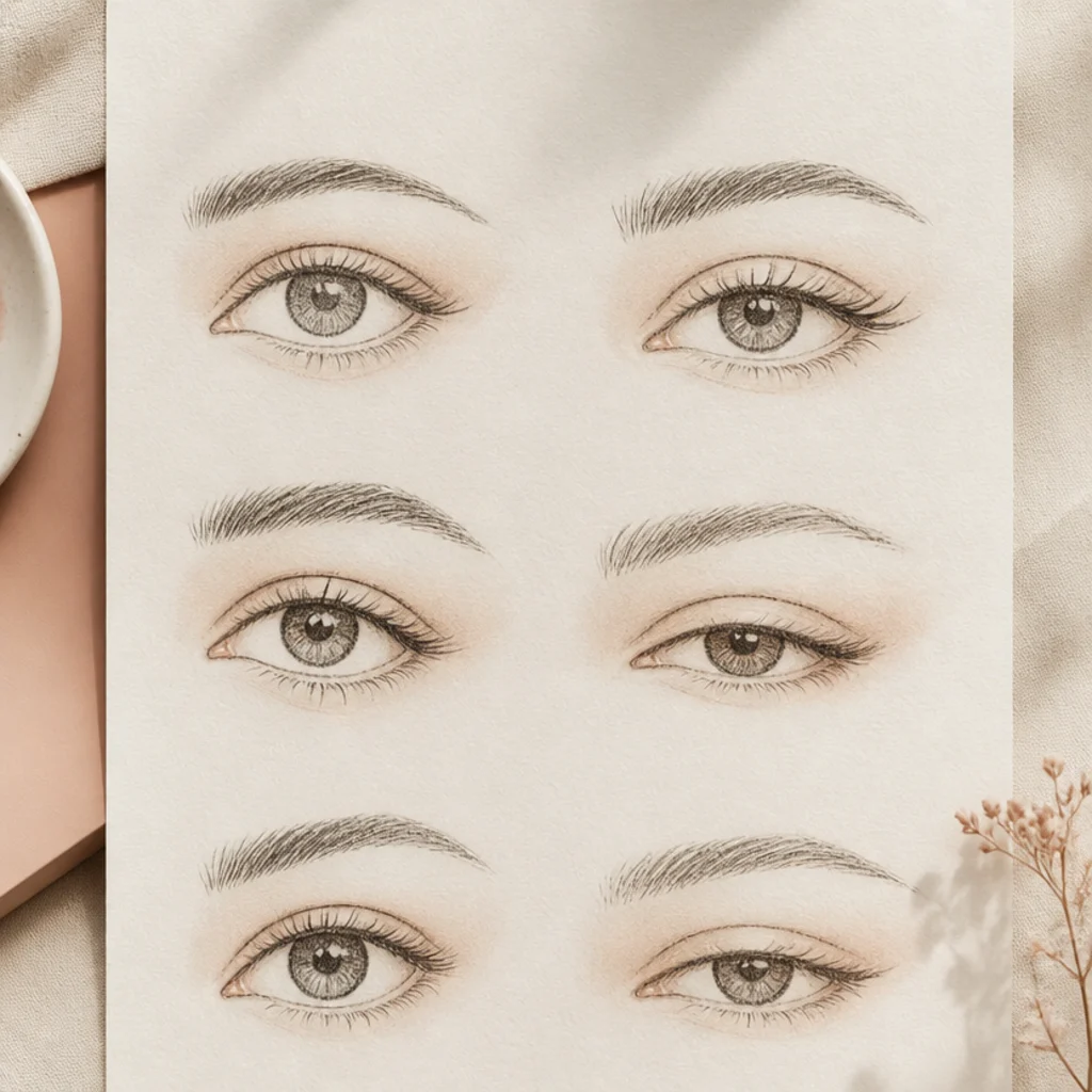 Flat-lay style reference of labeled eye shape illustrations arranged as a chart on warm ivory paper