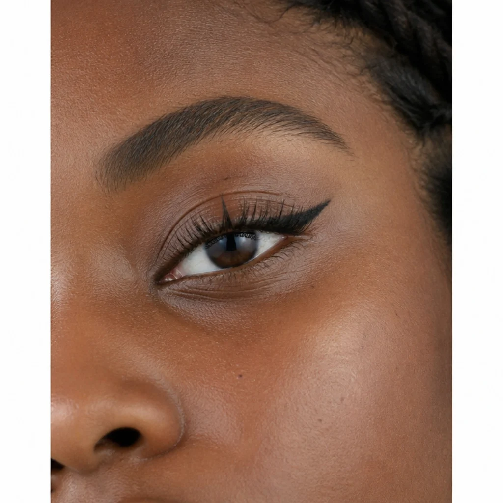 Close-up of a lifted outer liner wing with mapped lash clusters concentrated toward the outer third, soft daylight