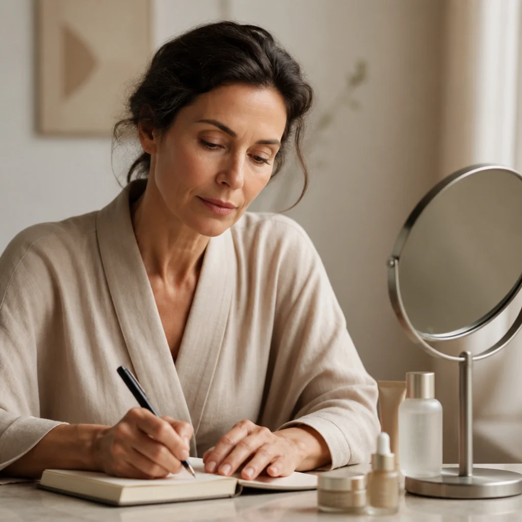 Person writing eye shape notes beside a mirror, warm neutral desk setting, calm editorial mood