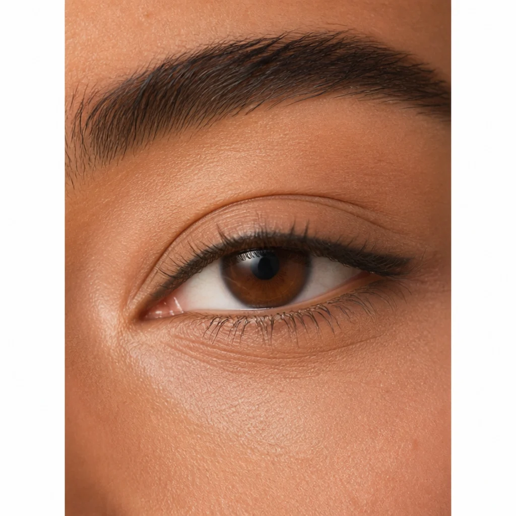 Close crop of a light-brown eye with soft taupe liner against a warm ivory studio background, illustrating an eye shapes chart reference look