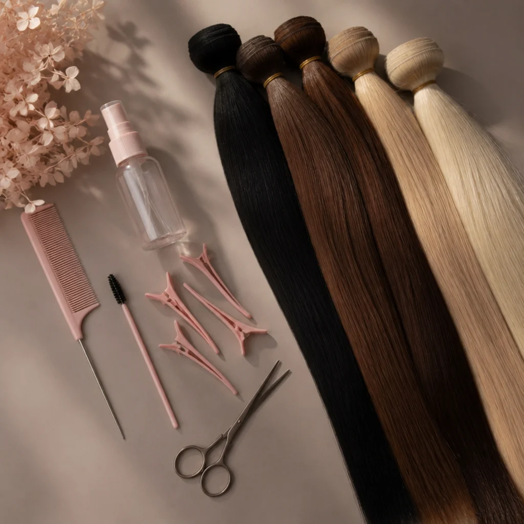 Flat lay of braiding supplies including a rat-tail comb, jaw clips, edge brush and packs of pre-stretched braiding hair on a taupe surface