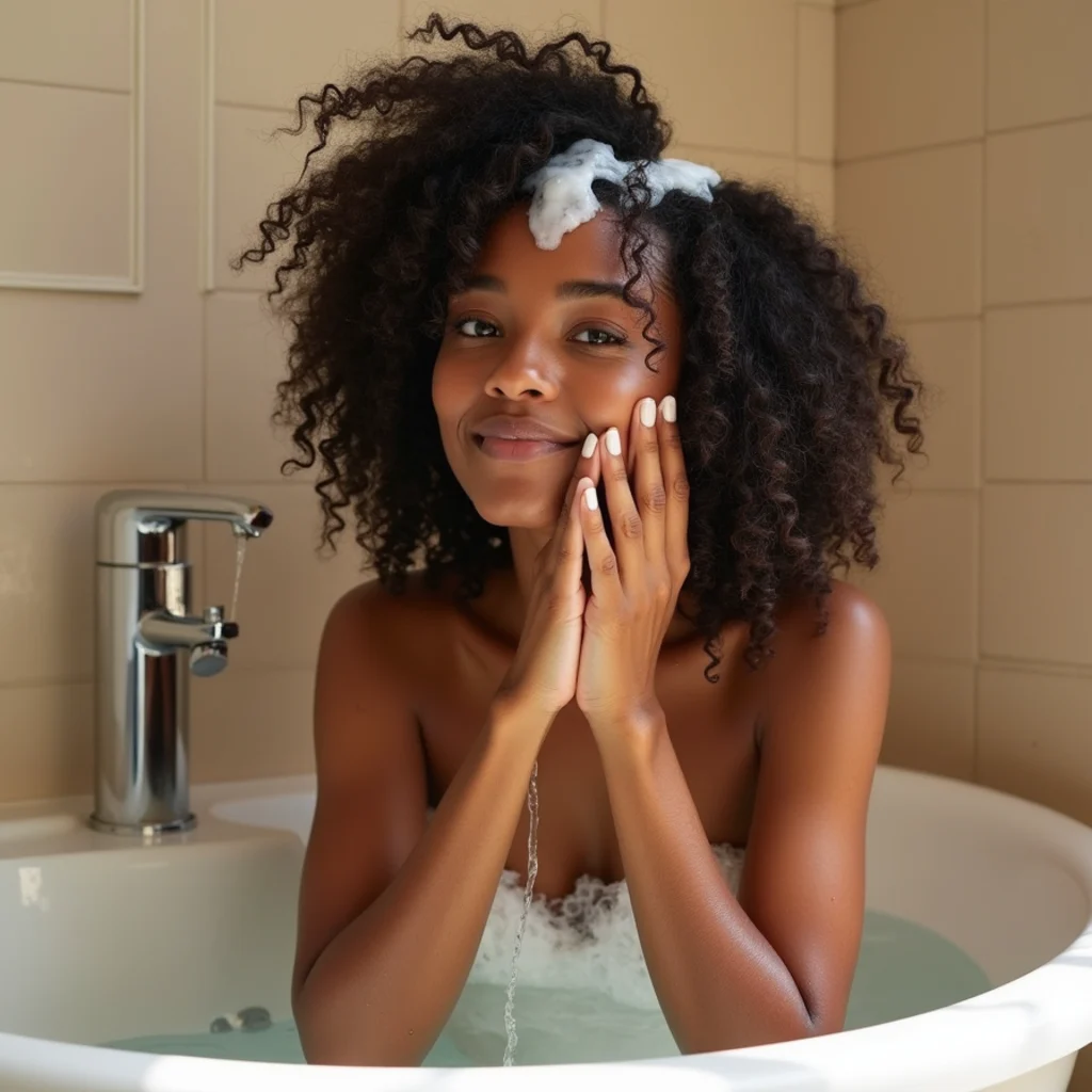 Black woman rinsing conditioner from natural hair in a bright bathroom with water flowing over defined coils