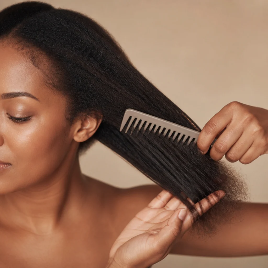 Close-up of a wide-tooth comb detangling stretched natural hair with a hand supporting the root to prevent tension