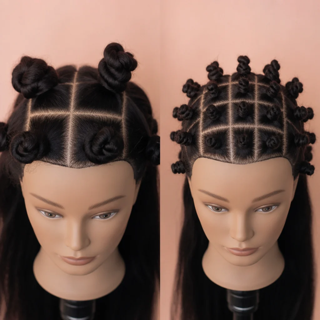 Side-by-side comparison of chunky jumbo parted sections versus tidier medium sections on a mannequin head against a blush background