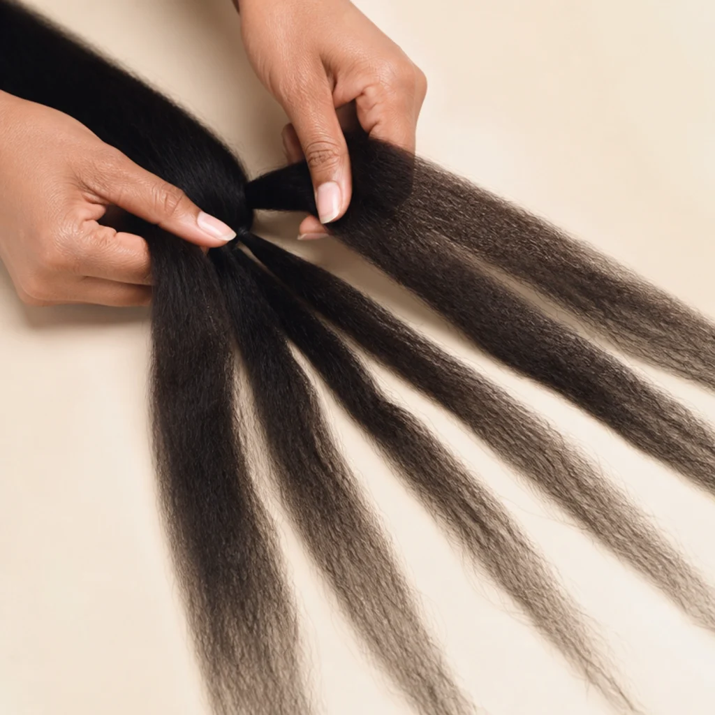 Hands separating a pack of pre-stretched braiding hair into graduated feed-in portions arranged in order on a table