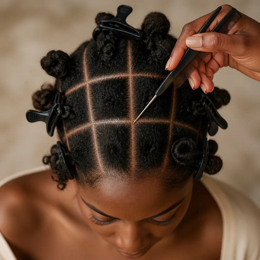 Overhead view of a clean square parting grid on a scalp with jaw clips holding sections neatly apart