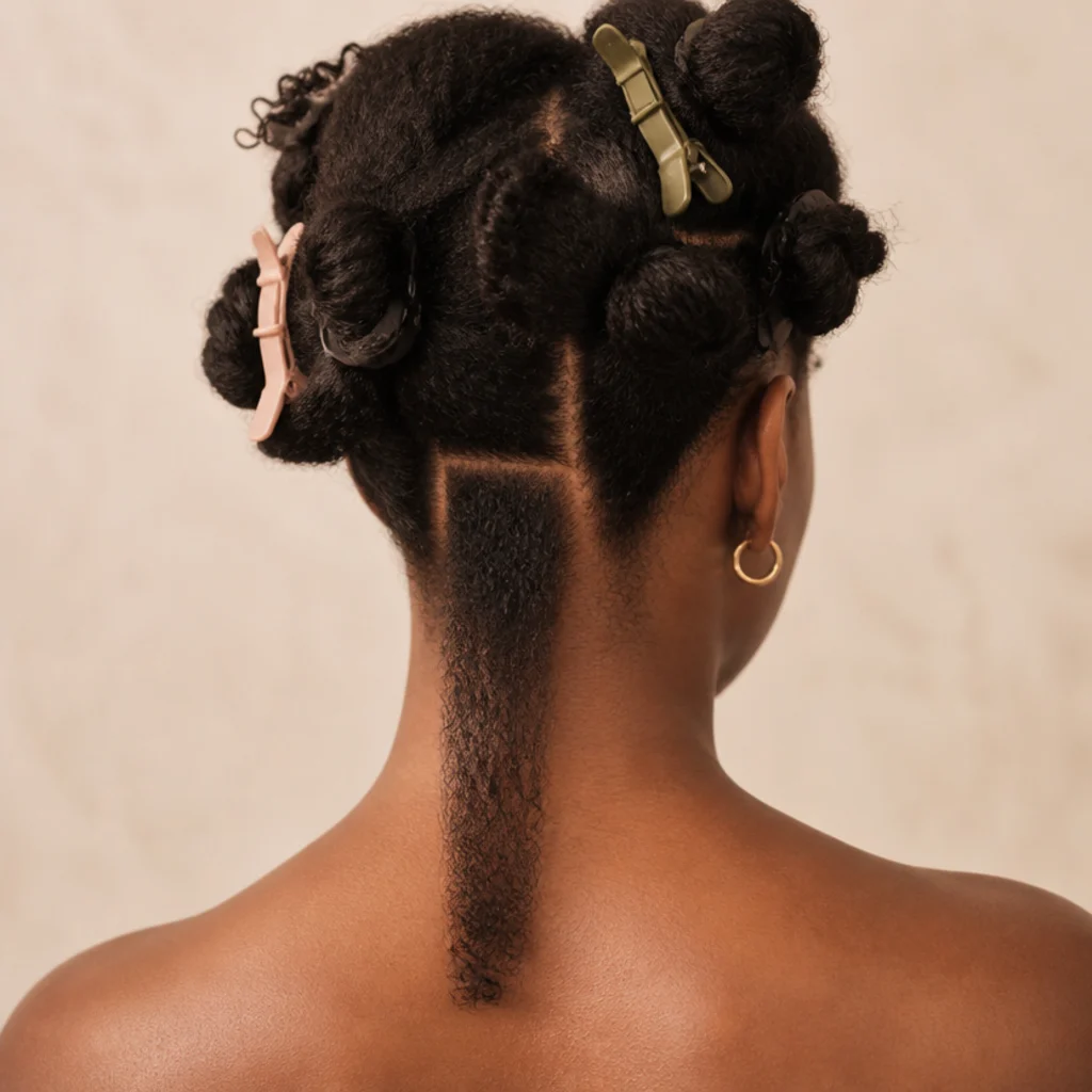 Black woman with most of her hair clipped up and a single square section left down at the nape ready to braid