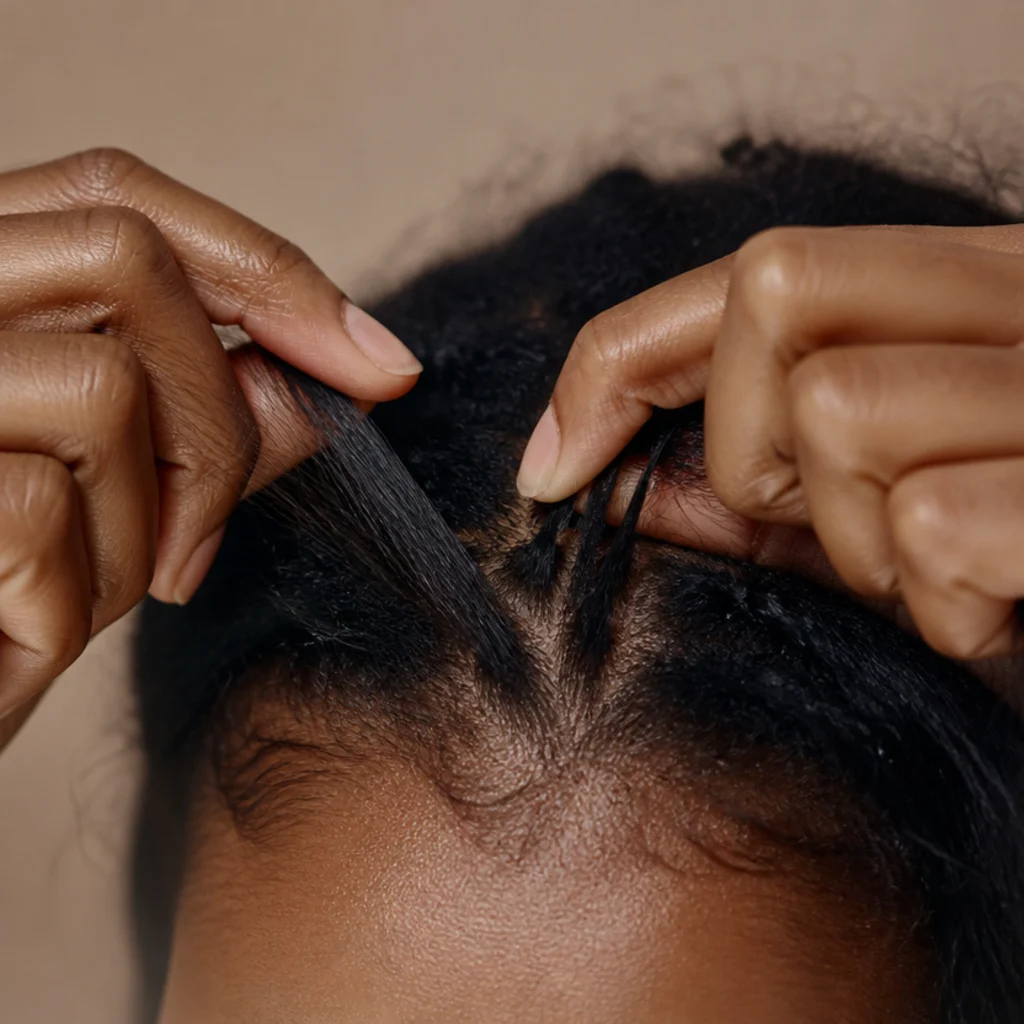 Close-up of fingers dividing a natural hair section into three even strands to begin a braid at the root