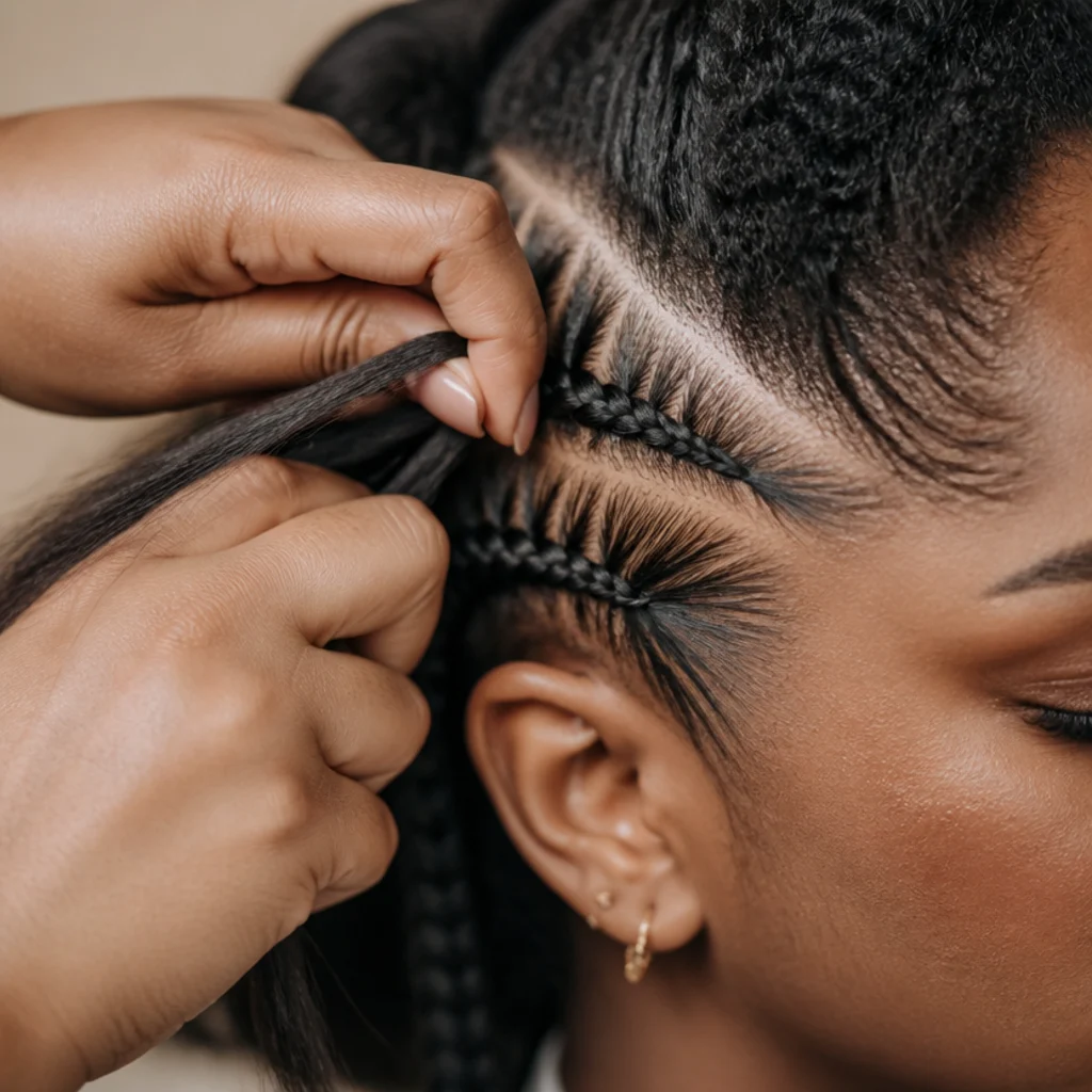Hands adding a thin wisp of braiding hair into a three-strand braid close to the scalp for a smooth root