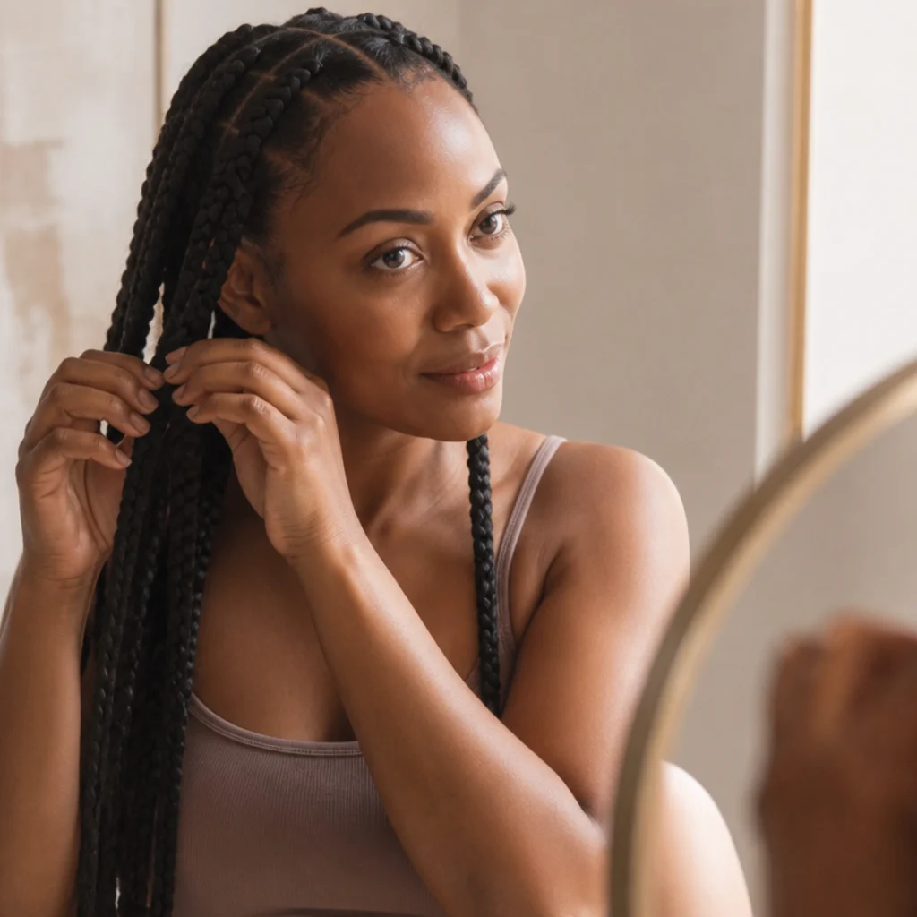 Black woman braiding at a mirror checking the tension of a jumbo braid with a calm, relaxed grip