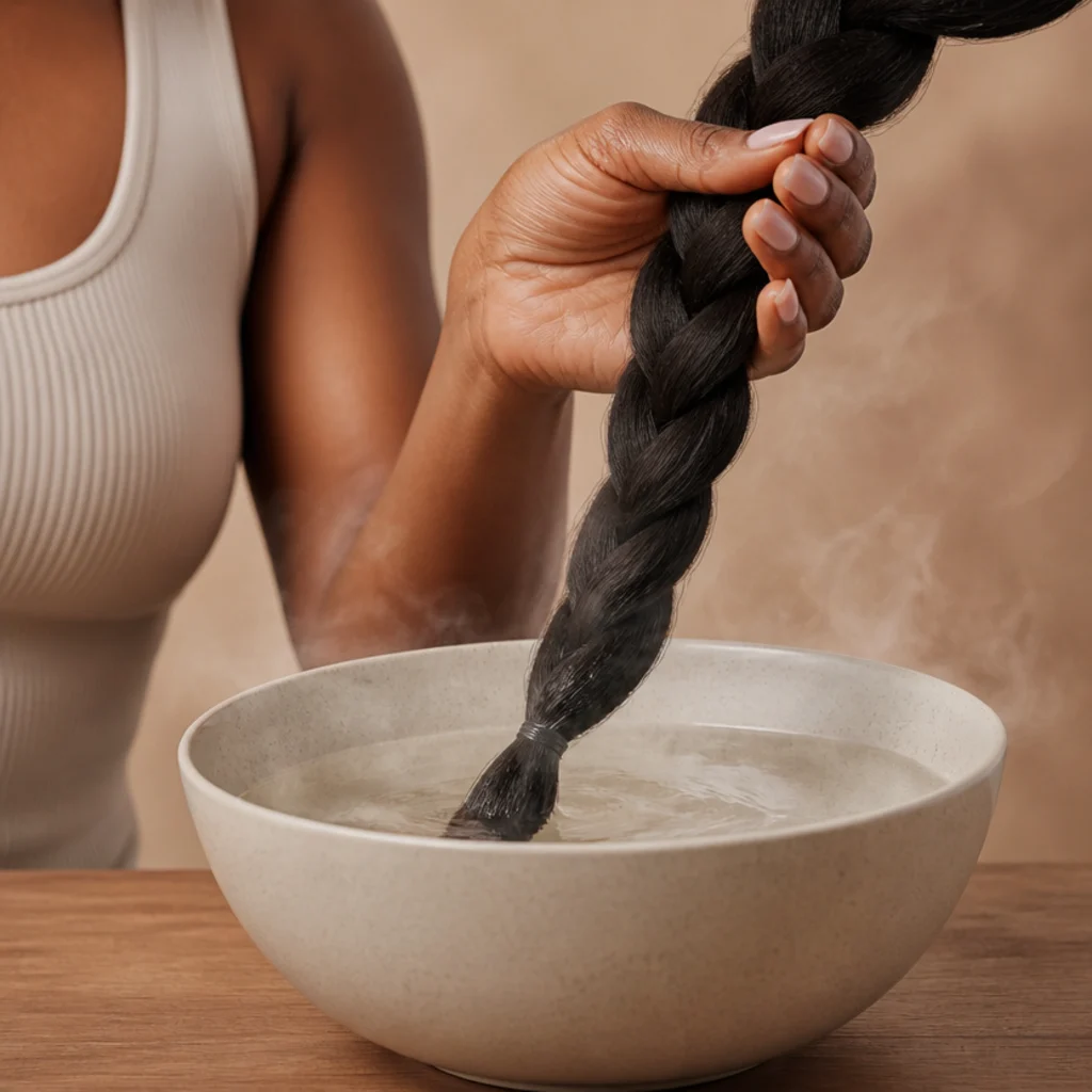 Close-up of the tapered end of a jumbo braid being dipped into hot water to seal the synthetic hair
