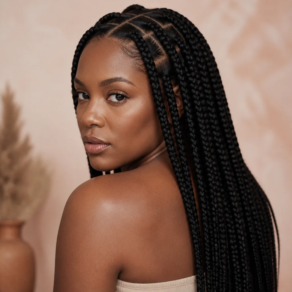 Black woman in three-quarter back view showing freshly installed jumbo knotless box braids with clean square partings