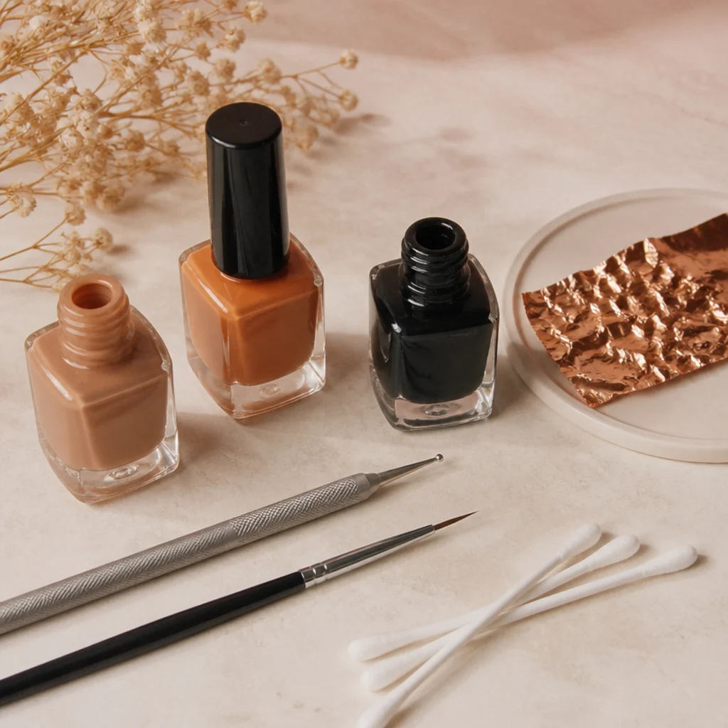 Flat lay of nail polish bottles, dotting tool, striper brush, and foil palette on an ivory background