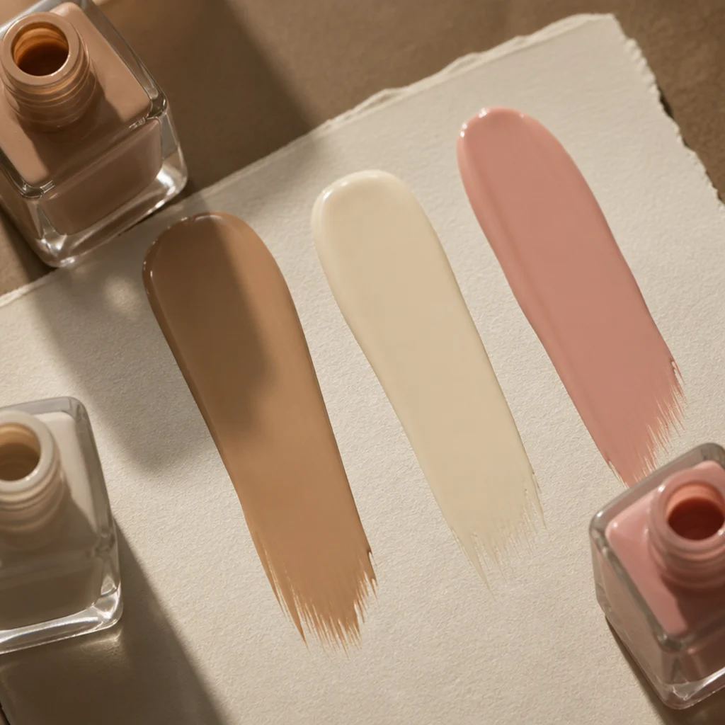 Three polish swatches in tan, cream, and soft pink shown side by side on paper