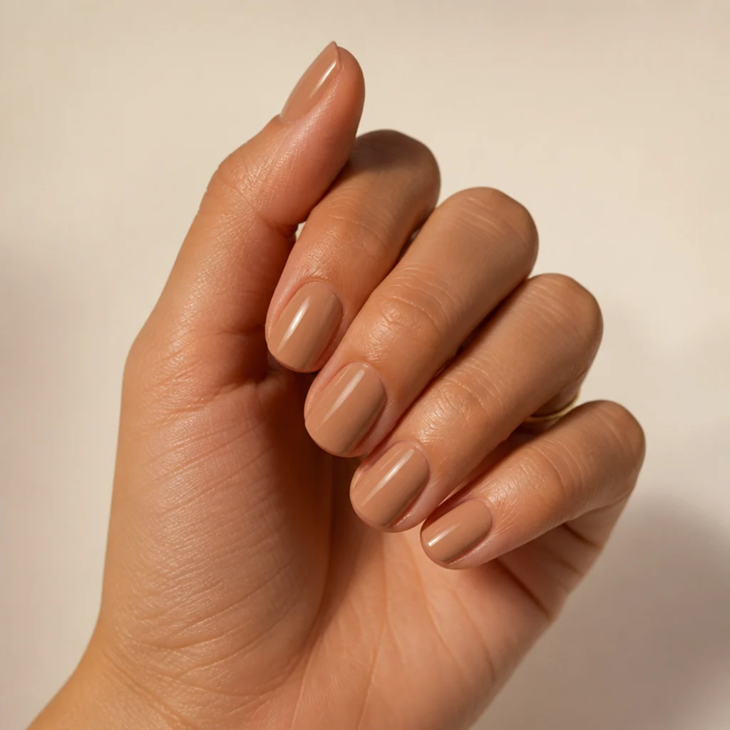 Hand with all five nails painted a smooth tan base color, still glossy