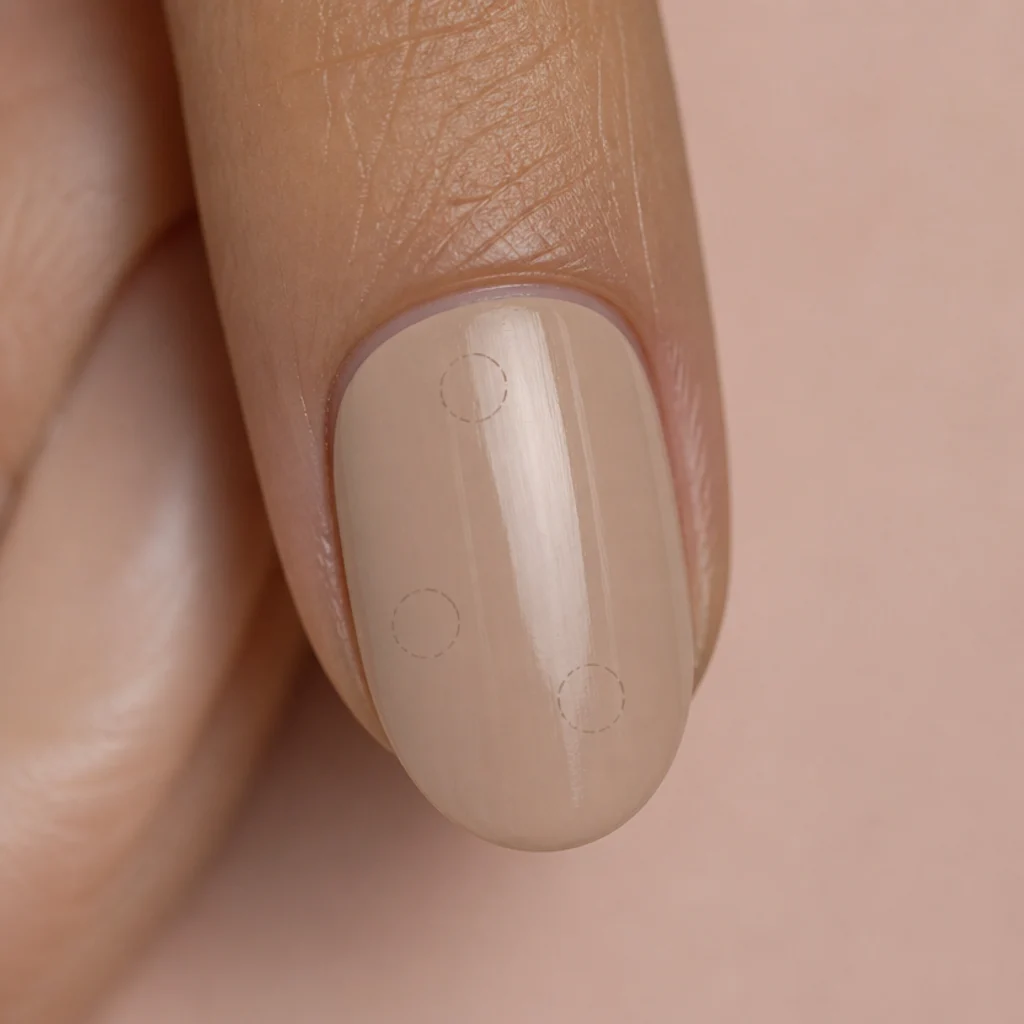 Overhead view of a nail with three faint pencil-dot guides marking spot positions