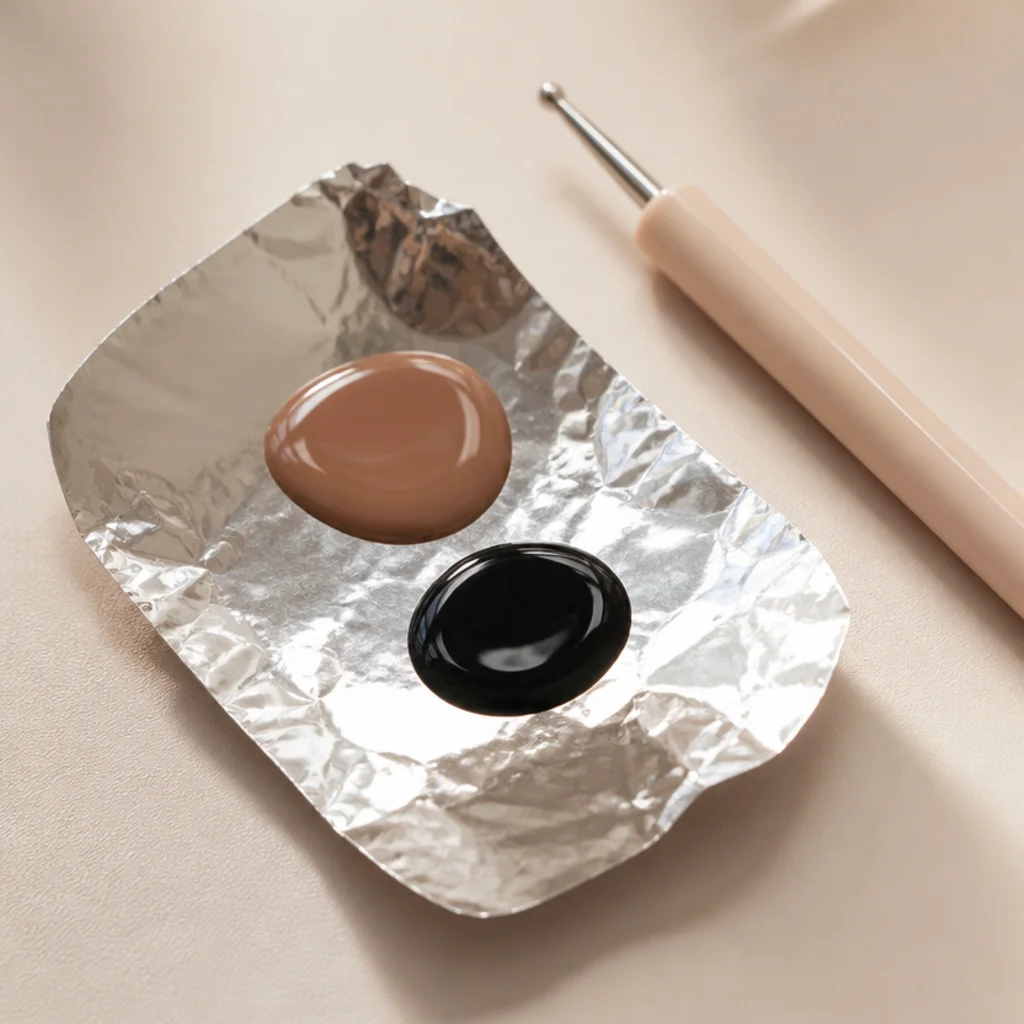 Small foil palette with dabs of caramel and black polish ready for dotting