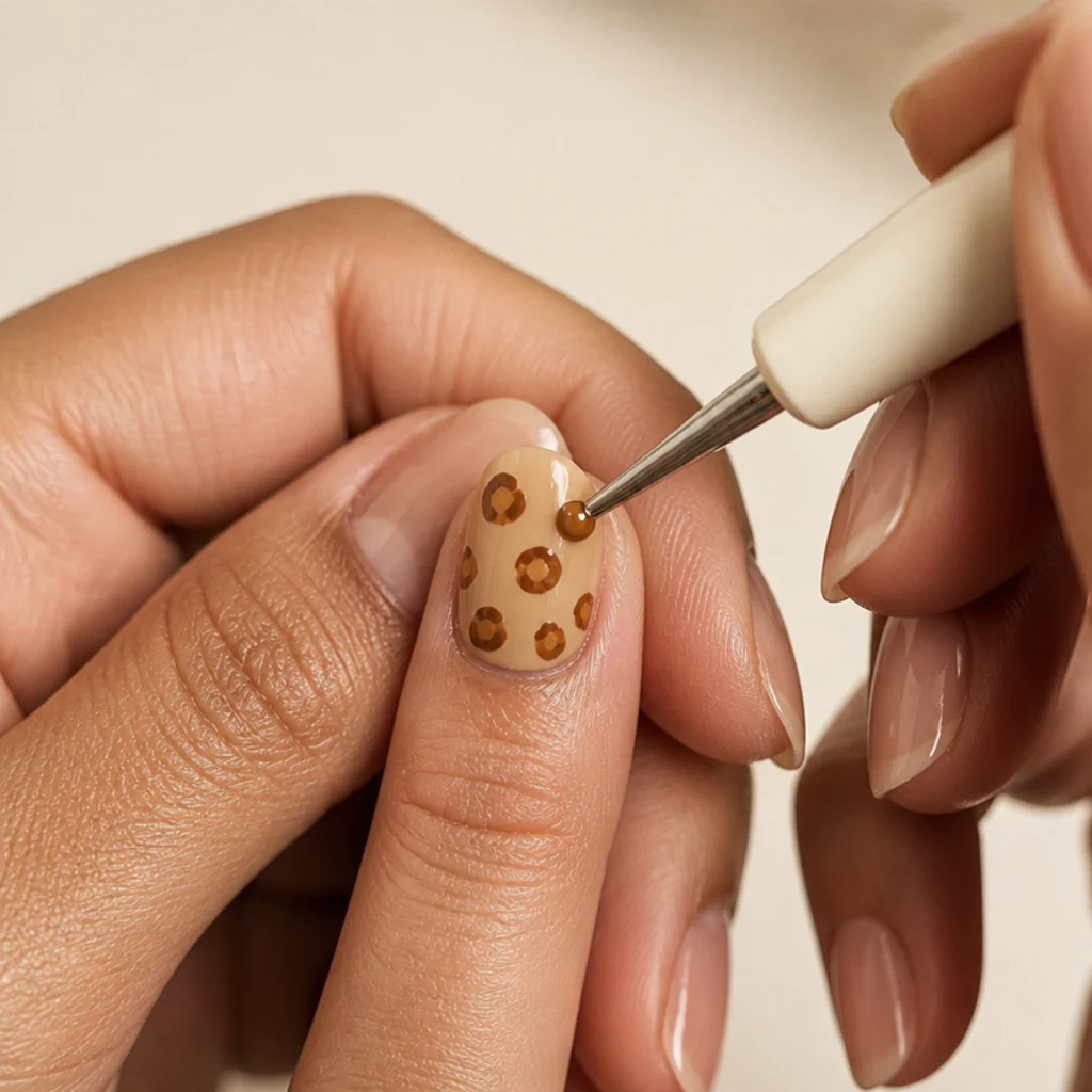 Dotting tool placing a caramel spot onto a tan nail in an uneven cluster