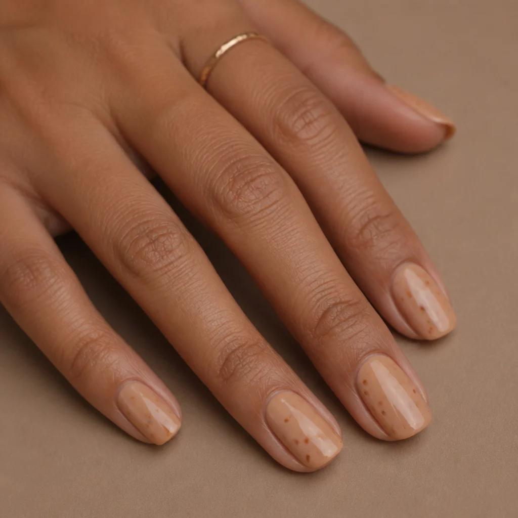 Hand resting flat with tan nails showing scattered caramel spots, drying