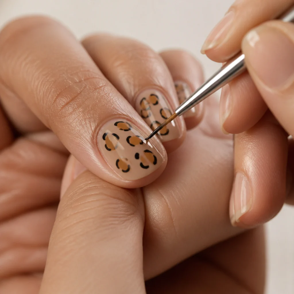 Thin brush drawing partial black arcs around caramel spots on a tan nail