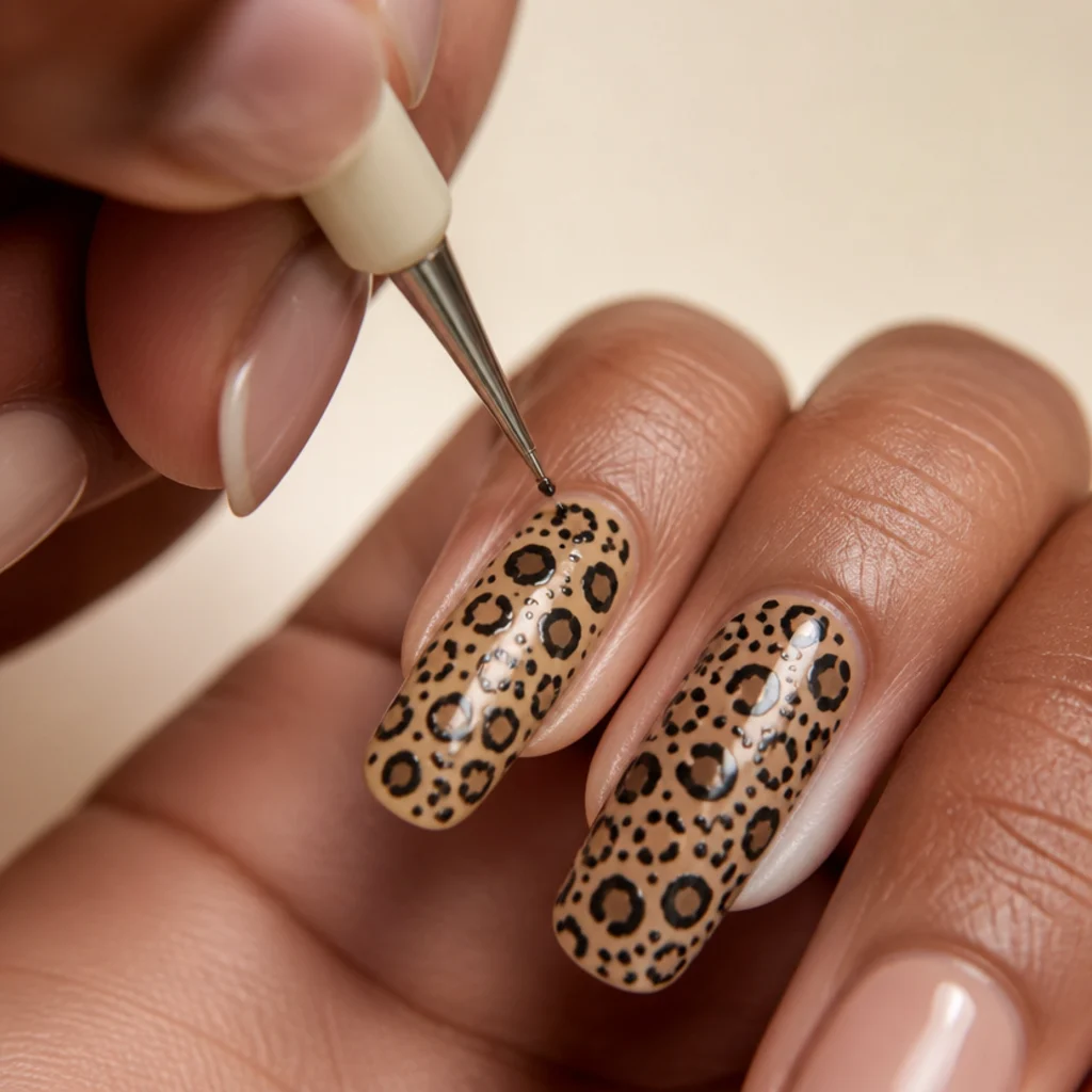 Fine black dots being added between larger leopard spots on a tan nail