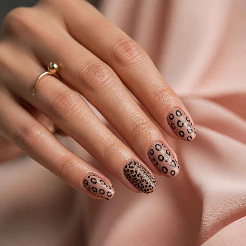 Ring-finger nail with denser black leopard print against a matte tan base
