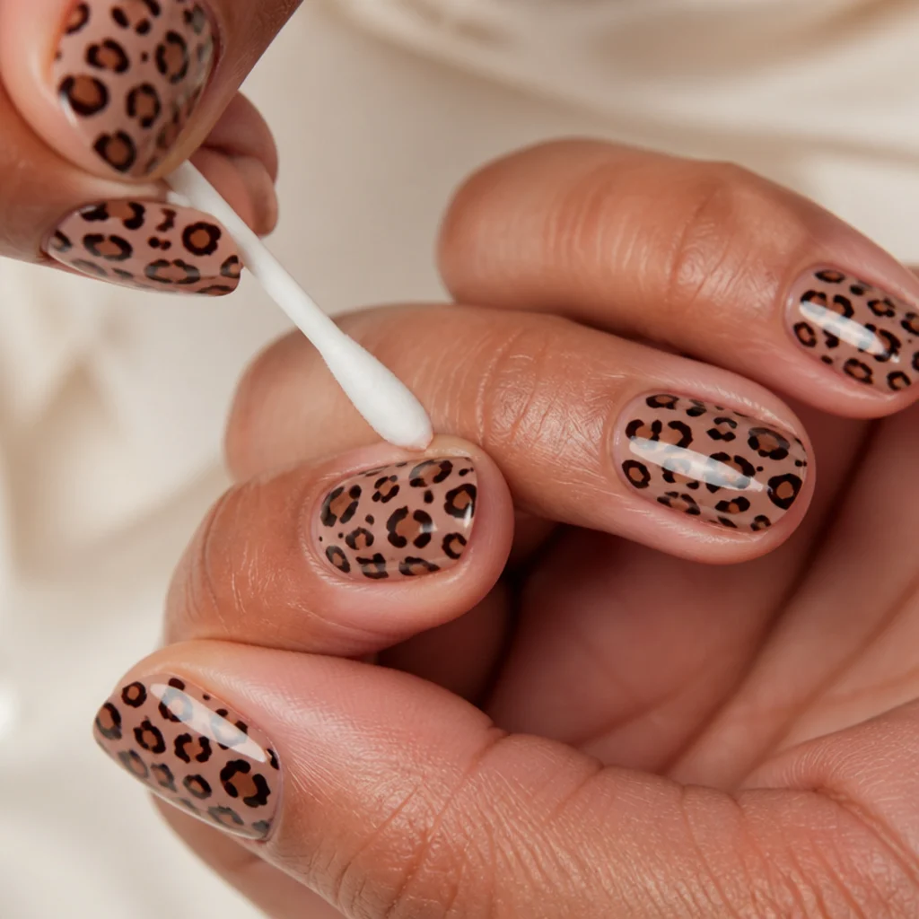 Cotton swab dipped in remover tidying the cuticle line of a leopard nail