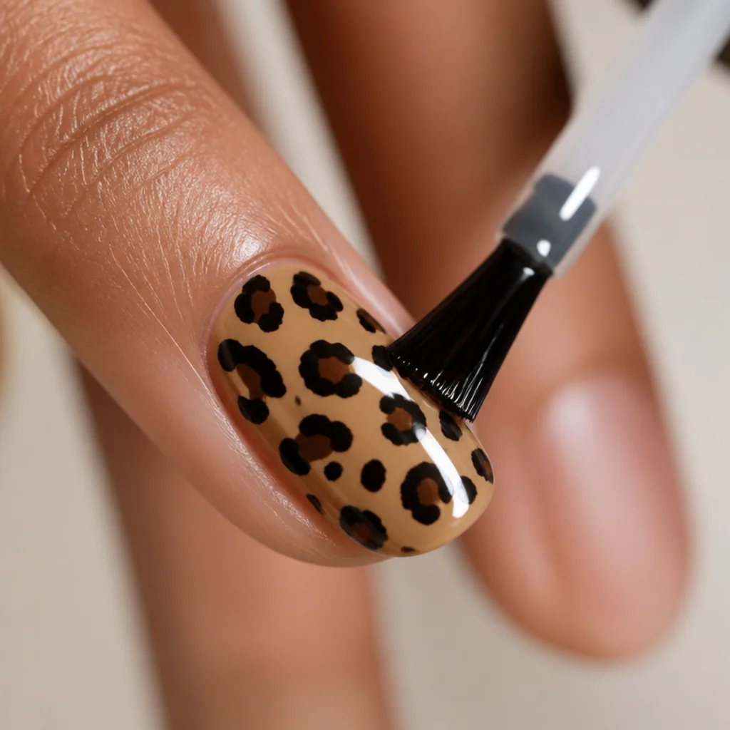 Glossy topcoat brush gliding over a finished leopard print nail, high shine
