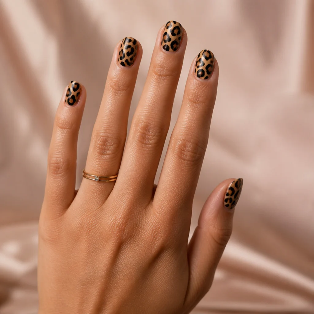 Finished tan leopard print manicure held up against a warm blush background