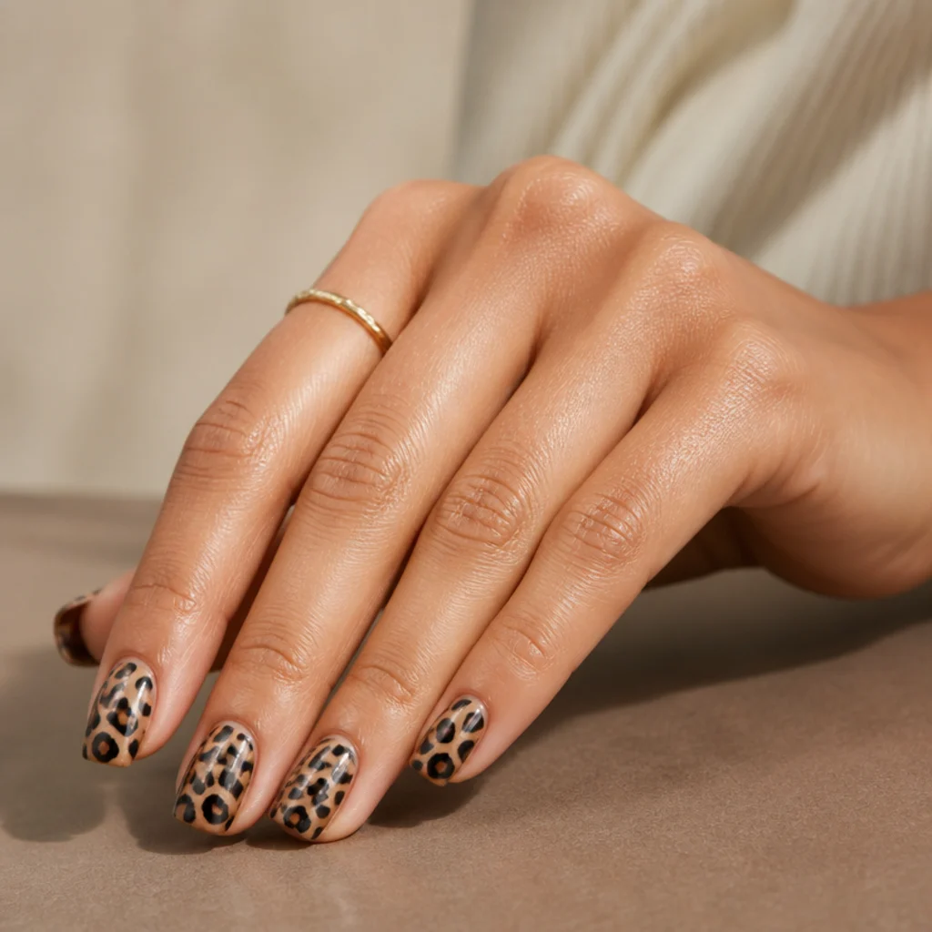 Manicured hand with tan and black leopard print nails resting on a taupe surface
