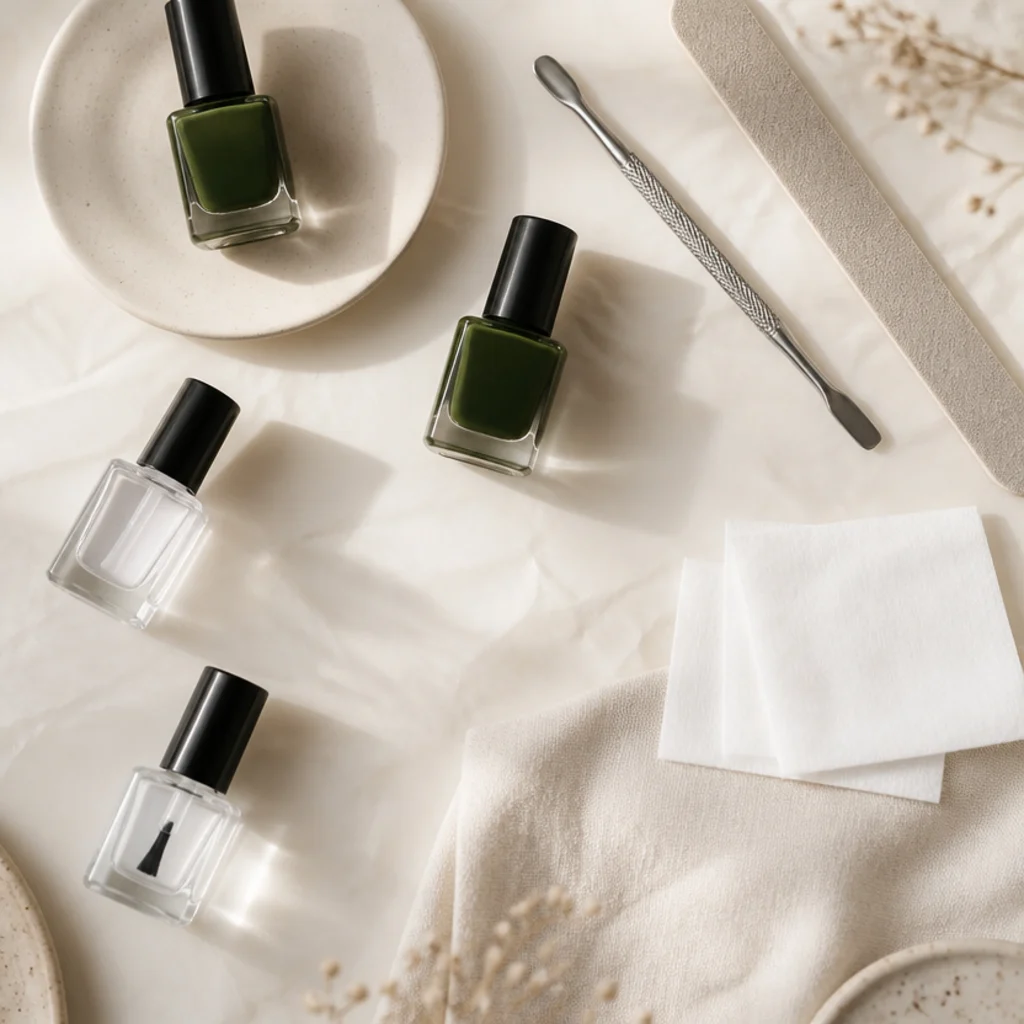 Flat lay of olive green polish bottles, base coat, top coat, buffer, and cuticle tools on ivory paper