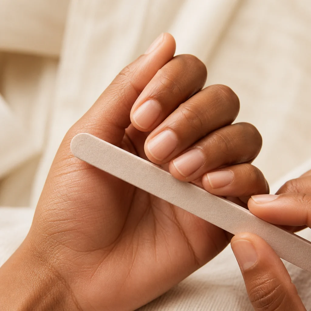 Close-up of a nail file gently shaping short natural nails into a soft squoval edge