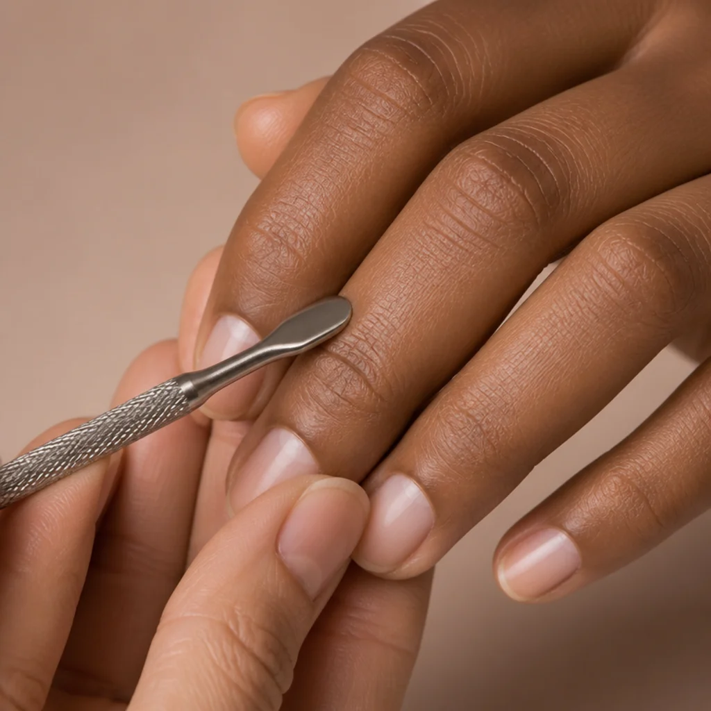 Cuticle pusher gently easing back softened cuticles on a clean, groomed hand