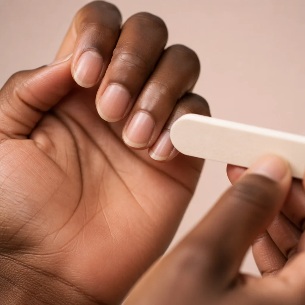 Fine buffer smoothing the surface of a natural nail with soft studio lighting