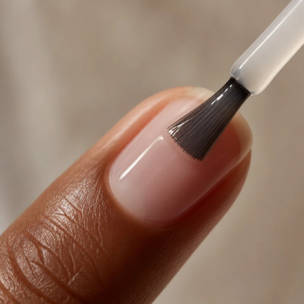 Clear base coat being brushed in a thin even layer across a bare nail