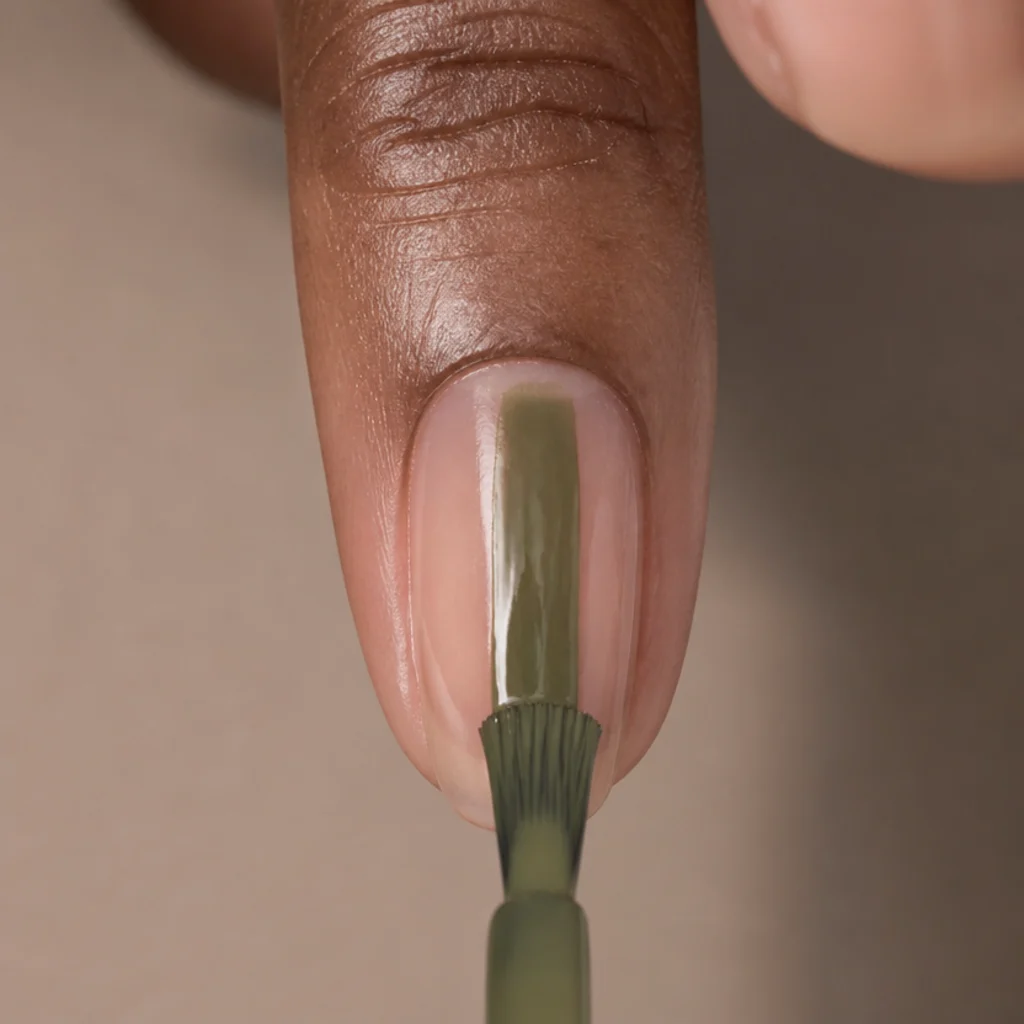 First sheer coat of dark olive green polish drawn down the center of a nail